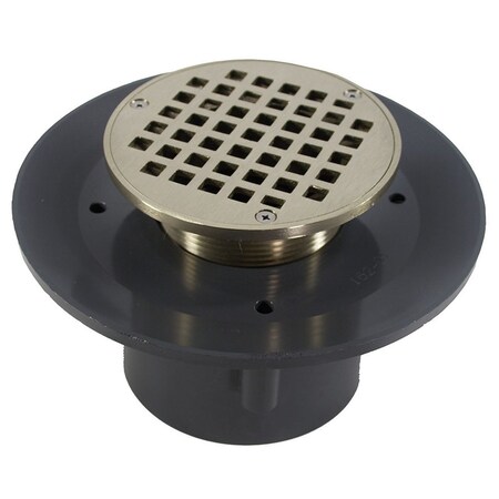 Jones Stephens 3in. x 4in. Heavy Duty PVC Slab Drain Base with 3-1/2in. Metal Spud and 5in. Nickel Bronze Strainer D49457